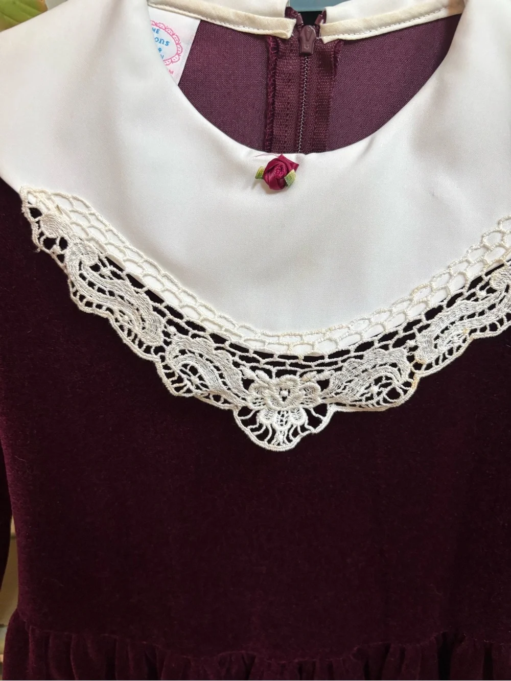 Girls Velvet Lace-Collar Dress Deep Burgundy Vintage Holiday Formal Wedding Sz 8